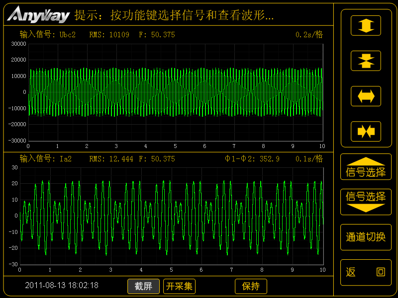 WP4000變頻功率分析儀記錄的異步電機疊頻法溫升試驗的電壓、電流波形圖 WP4000變頻功率分析儀記錄的異步電機疊頻法溫升試驗的電壓、電流波形圖
